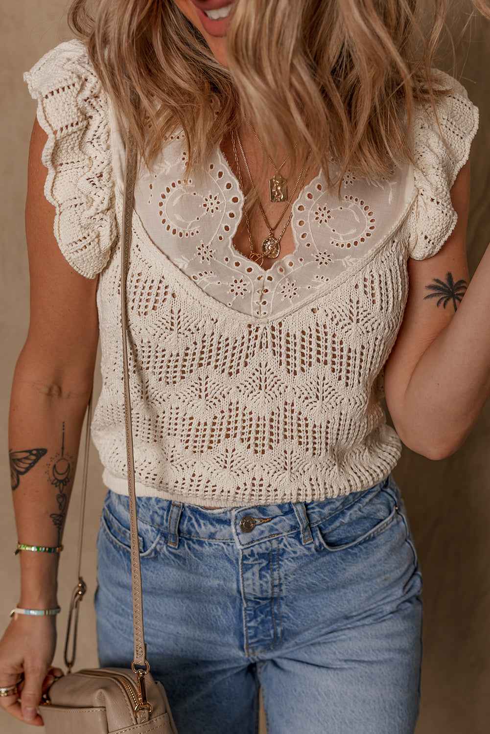 Beige Embroidered Patchwork Hollow Out Knitted Ruffle Sweater Vest by Wild and Free Boutique