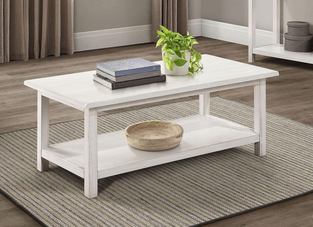 Payne Wood Coffee Table with Shelf Distressed White by Unique Piece Furniture