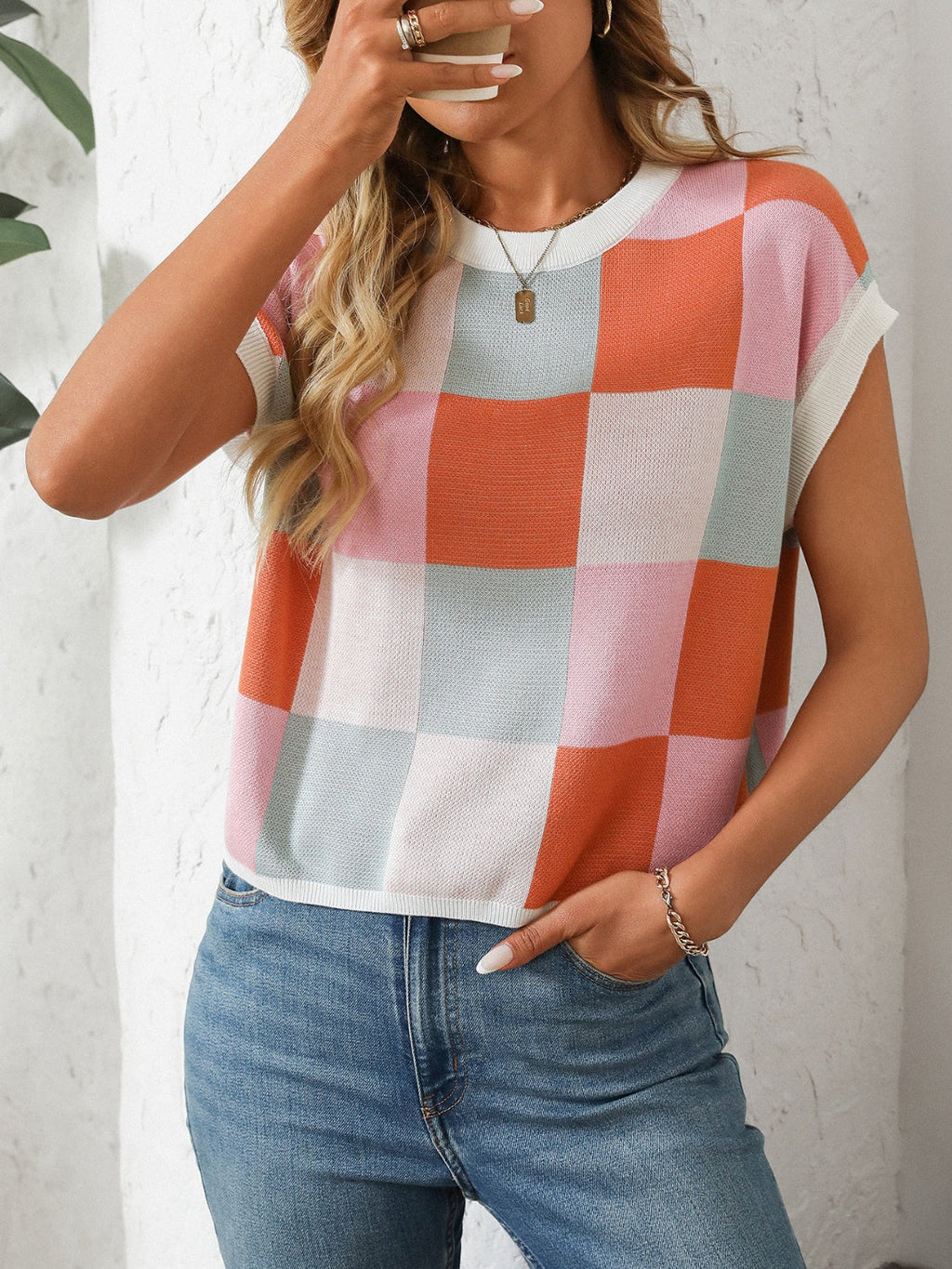Mandy Checkered Round Neck Cap Sleeve Knit Top by Wild and Free Boutique