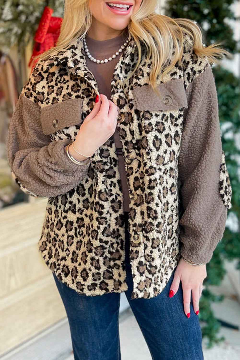 Brown Sherpa Leopard Print Flap Pocket Collared Button Up Jacket by Wild and Free Boutique