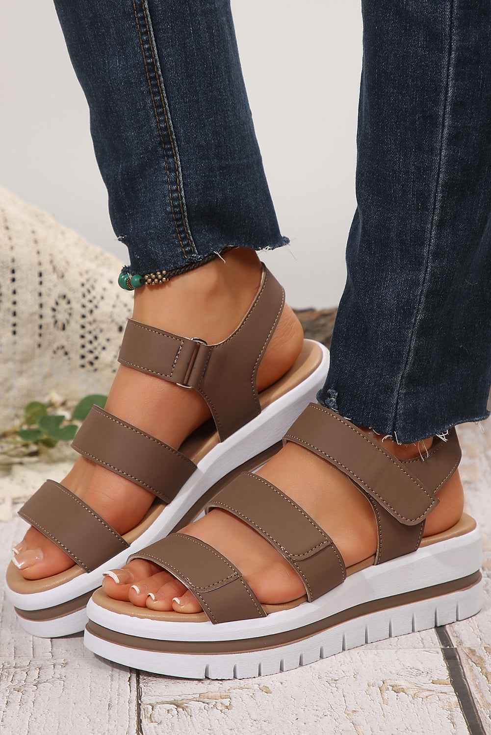 Camel Hollow Out Buckle PU Leather Platform Sandals by Wild and Free Boutique