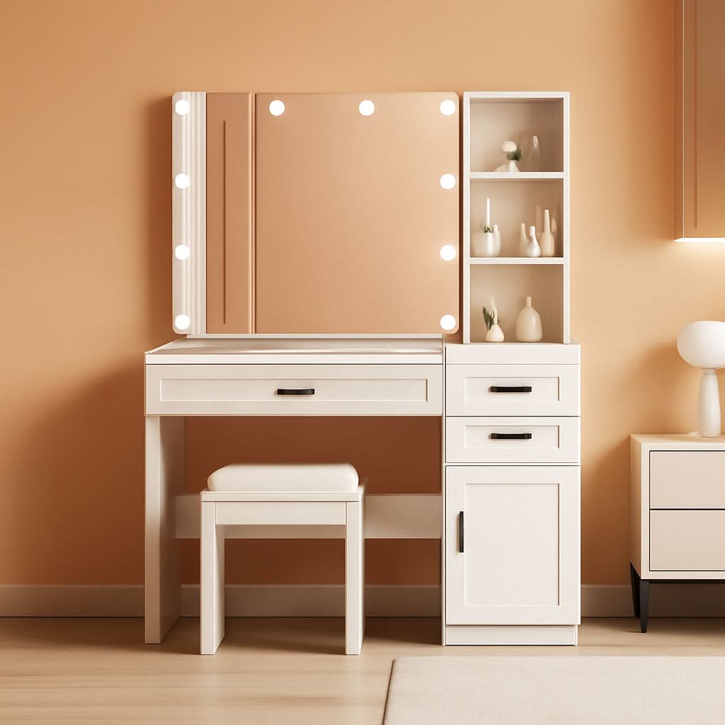 White Vanity Table Set With Glass Top Hollywood Mirror by ShipItFurniture