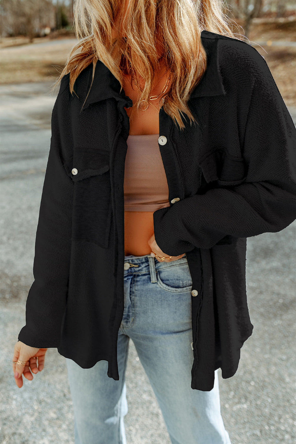 Black Contrast Flap Pockets Relaxed Shacket by Wild and Free Boutique