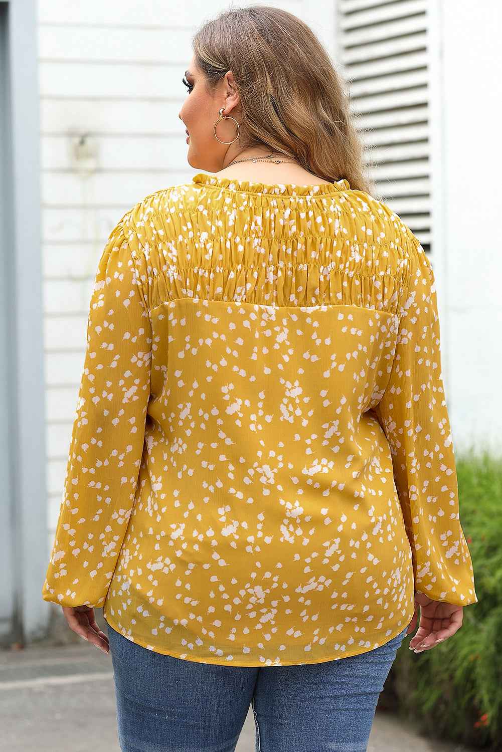Yellow Plus Size Floral Print Ruched Split Neck Blouse by Dear-Lover Dropshipping