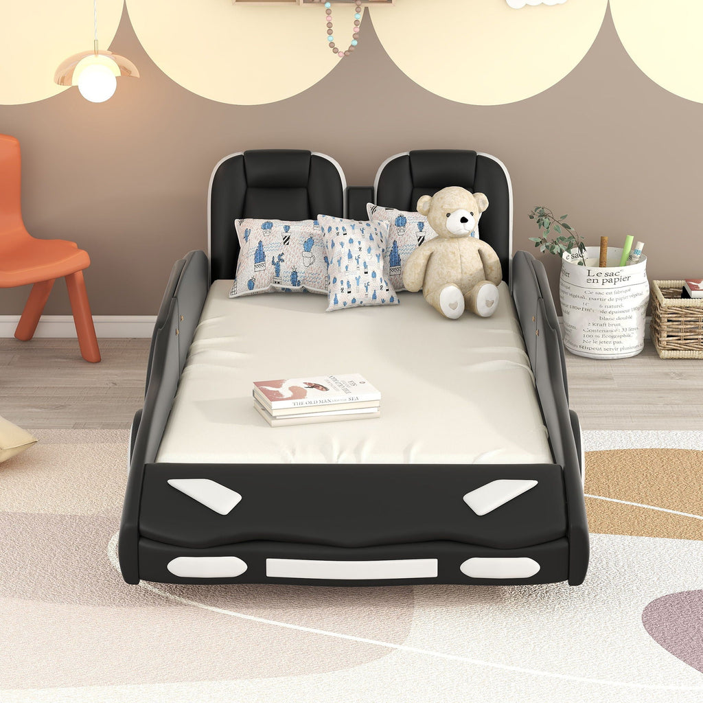 Race Car Shaped Twin Platform Bed With Wheels, Pine Wood Construction by Unique Piece Furniture