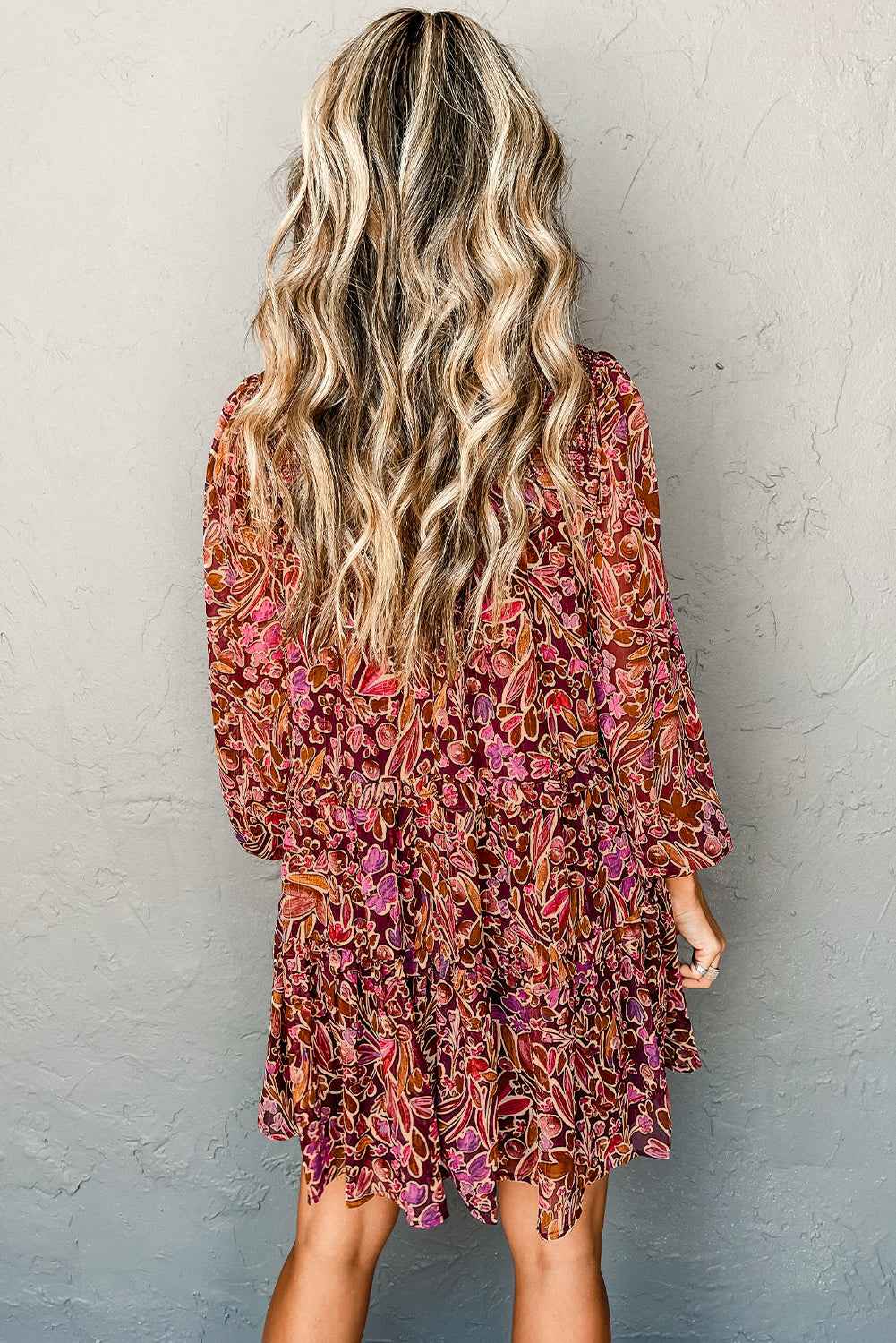 Red Floral Print Long Sleeve Shirred High Neck Loose Mini Dress by Wild and Free Boutique