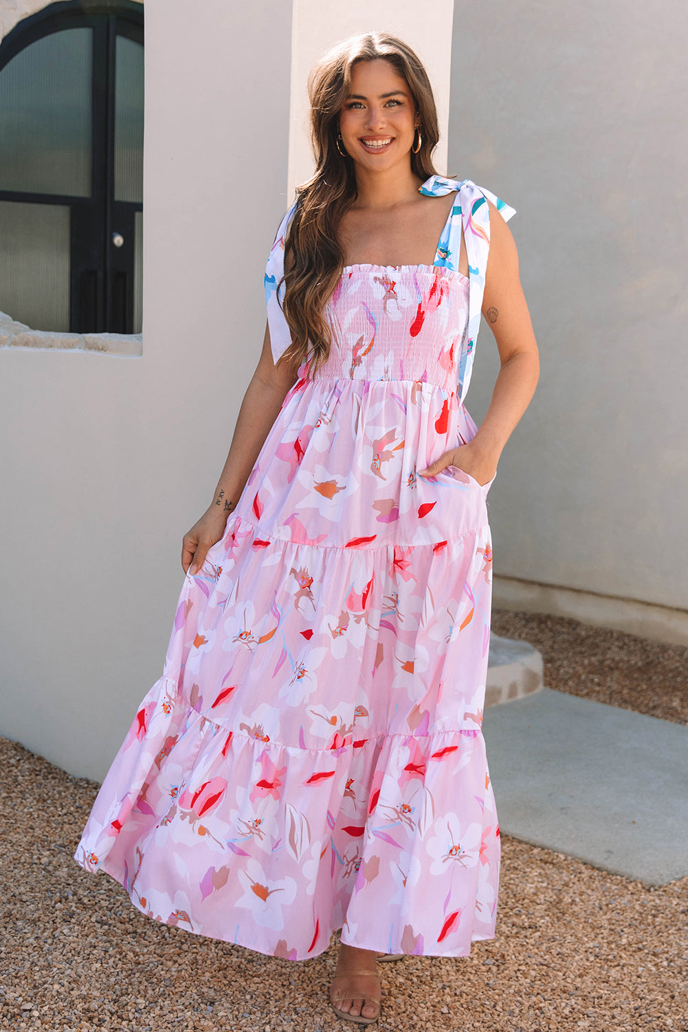 Pink Floral Print Knotted Shoulder Smocked Maxi Dress by Dear-Lover Dropshipping