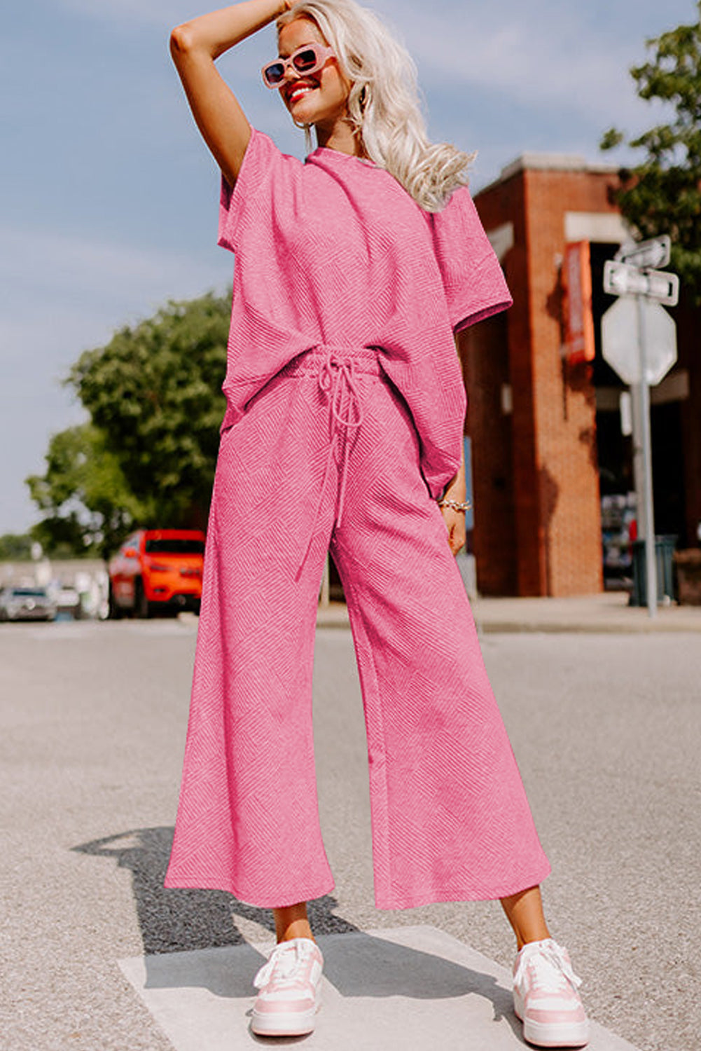 Strawberry Pink Textured Loose Fit T Shirt and Drawstring Pants Set by Wild and Free Boutique