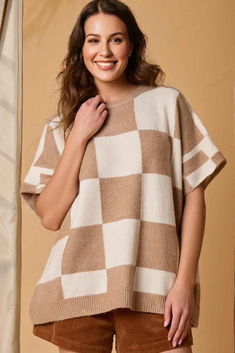 Light French Beige Checkered Pattern Loose Drop Shoulder Half Sleeve Sweater by Wild and Free Boutique