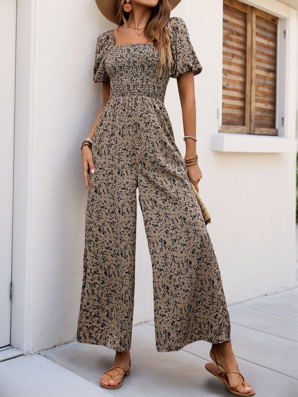 Perfee Smocked Printed Square Neck Puff Sleeve Jumpsuit by Wild and Free Boutique