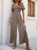 Perfee Smocked Printed Square Neck Puff Sleeve Jumpsuit by Wild and Free Boutique