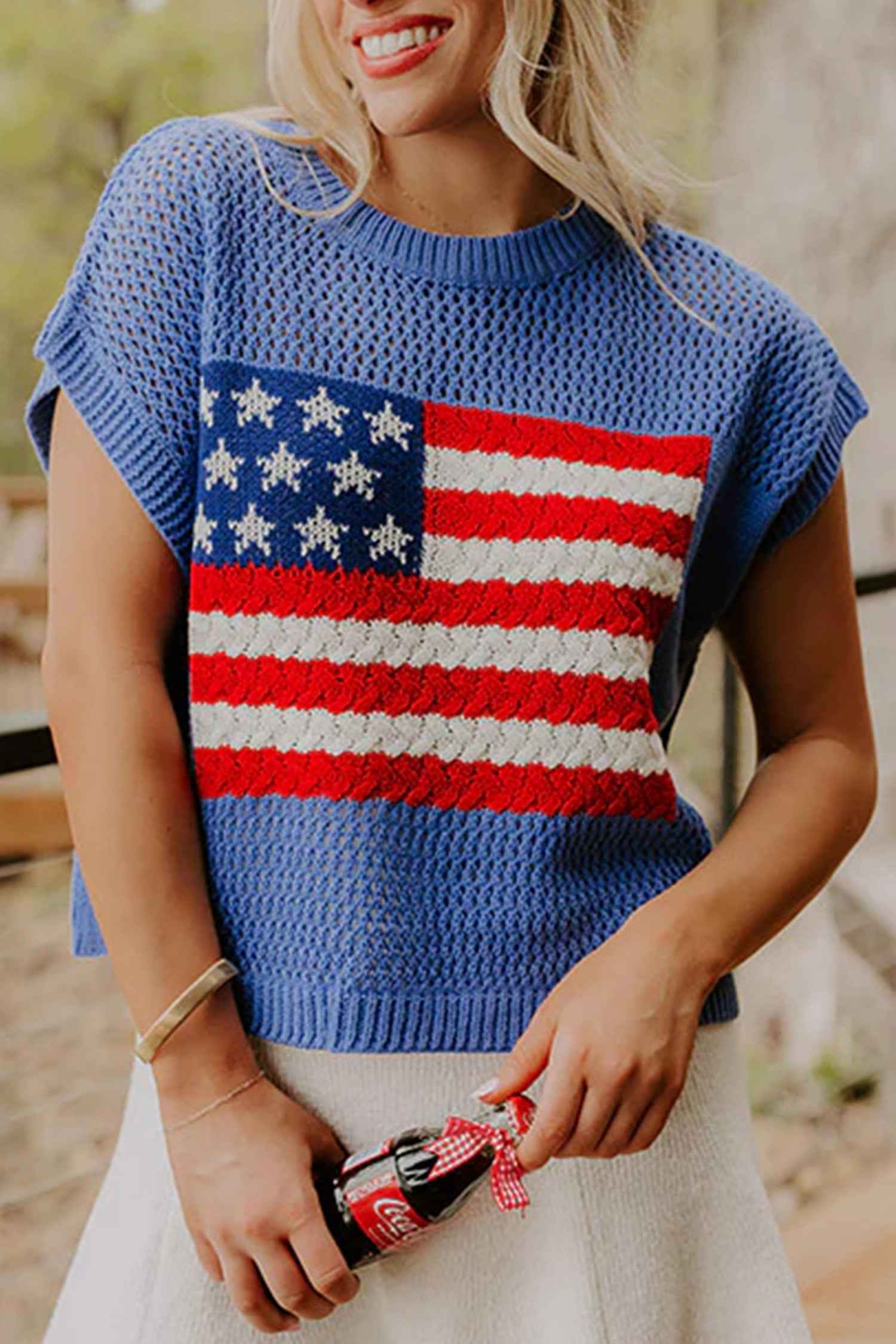 Sky Blue Flag Graphic Short Sleeve Sweater Top by Dear-Lover Dropshipping