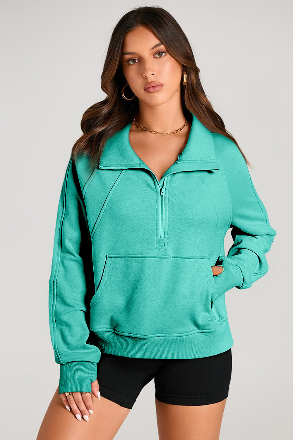 Smoke Green Quarter Zip Stand Neck Kangaroo Pocket Sweatshirt by Wild and Free Boutique