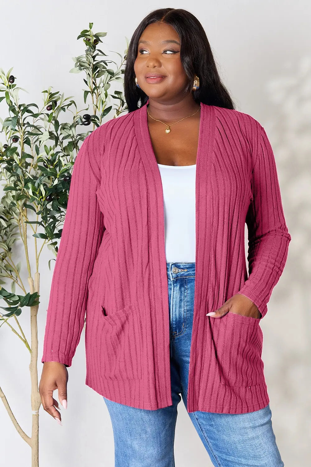 Basic Bae Full Size Ribbed Open Front Cardigan with Pockets by Wild and Free Boutique