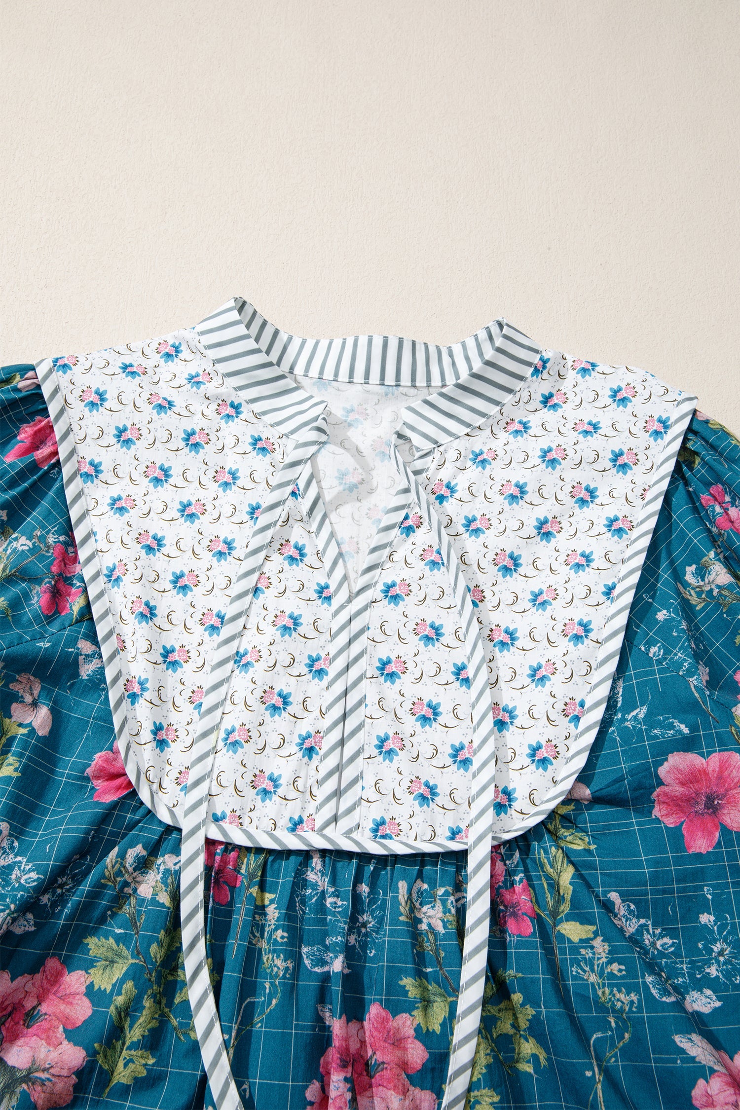 Sky Blue Floral Print Contrast Yoke Patchwork Striped Trim Long Puff Sleeve Blouse by Wild and Free Boutique