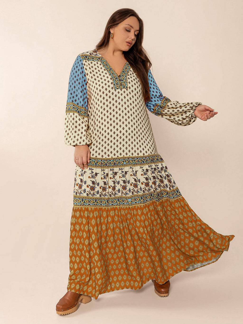Plus Size Printed V-Neck Balloon Sleeve Maxi Dress by Wild and Free Boutique