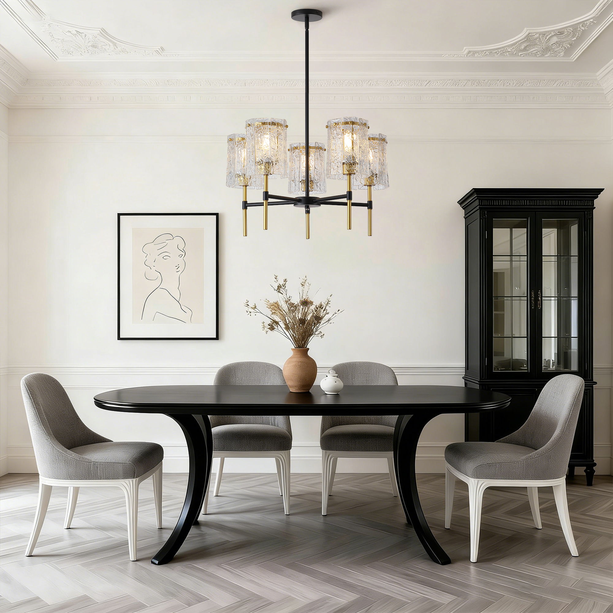 5 Light Chandelier, Textured Glass Pendant Light, (Not Including The Bulb) For Living Room - Black / Gold by Unique Piece Furniture