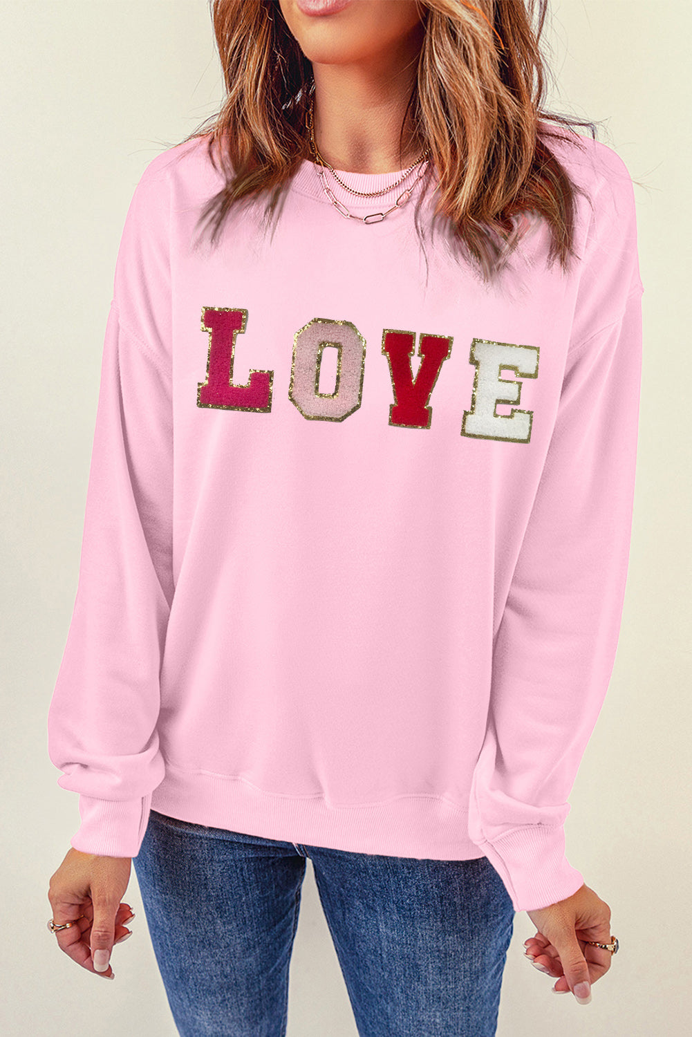 LOVE Patch Round Neck Dropped Shoulder Sweatshirt by Wild and Free Boutique