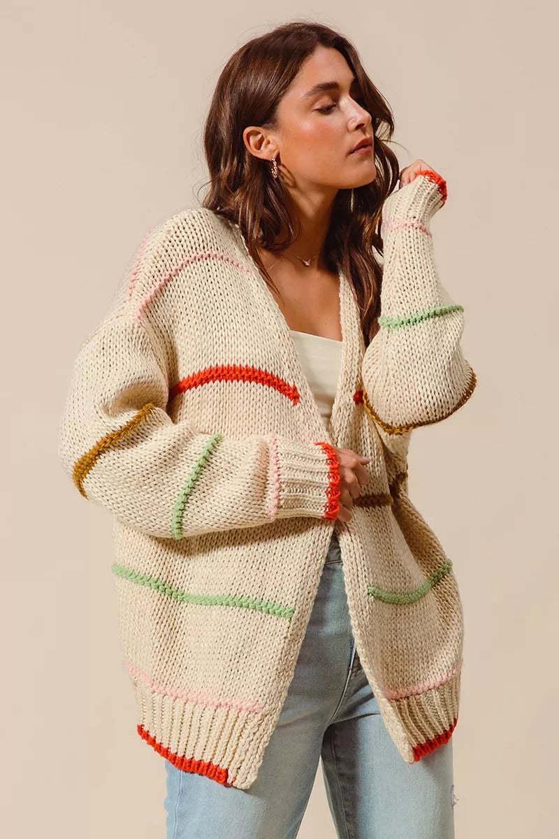 SO ME Loose Fit Multi Stripe Open Front Cardigan by FitiqueFit