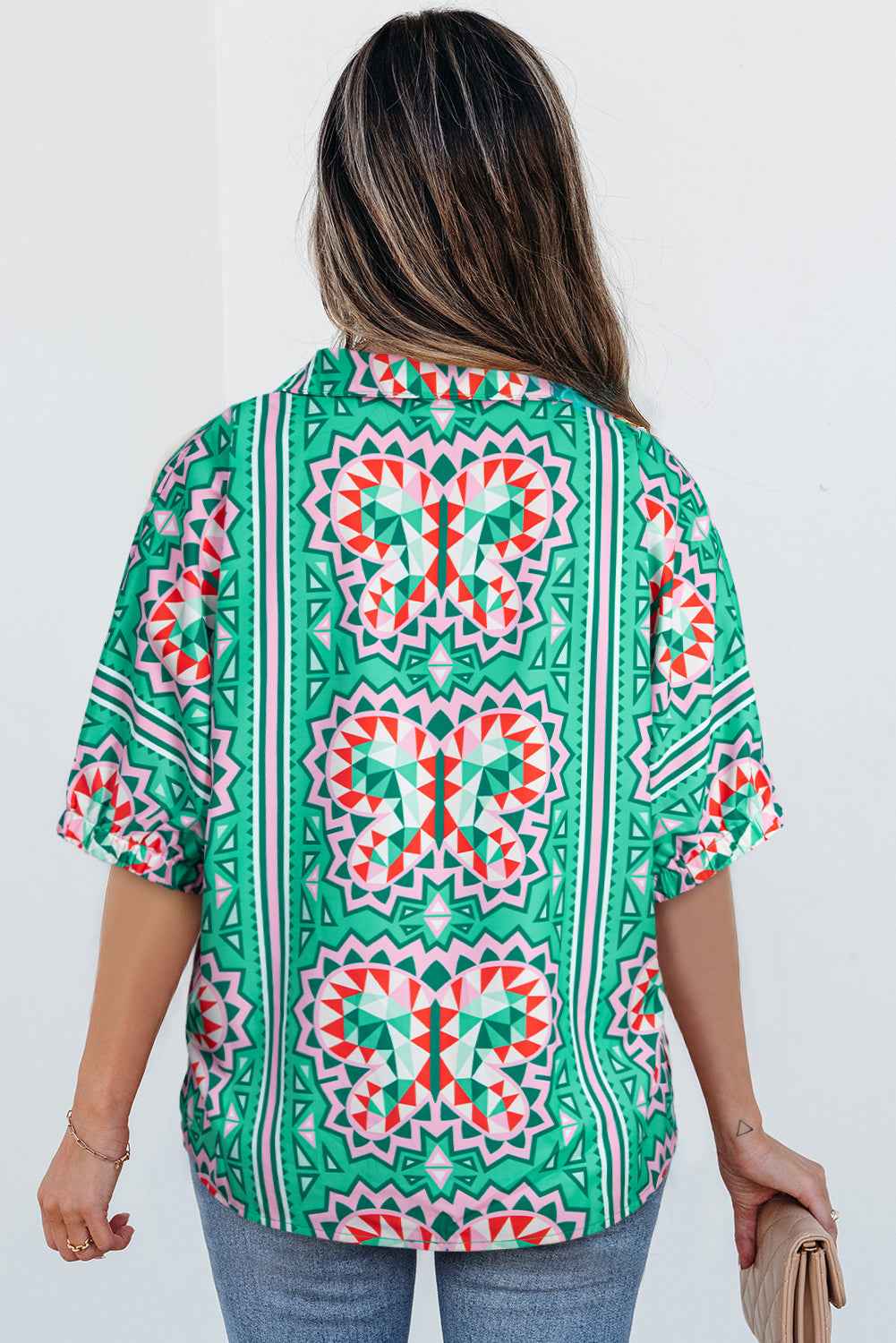 Sea Green Boho Abstract Print Contrast Striped Collared V Neck Blouse by Wild and Free Boutique