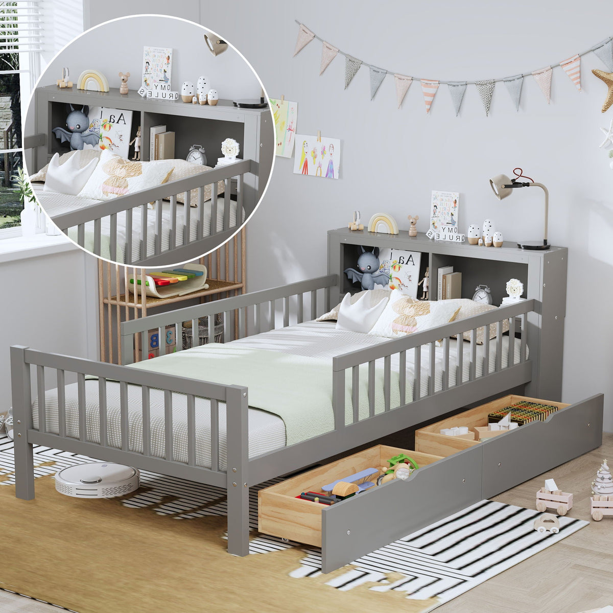 Bed With Headboard Storage Rack, 2 Under Bed Drawers, 3 Side Guardrails For Safety by Unique Piece Furniture