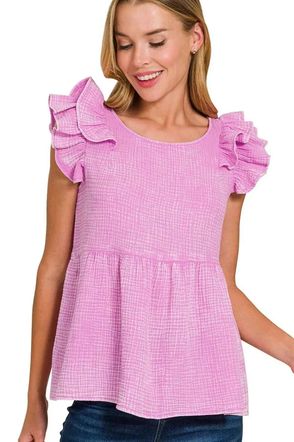 Zenana Double Gauze Acid Washed Tiered Ruffle Peplum Top by Wild and Free Boutique