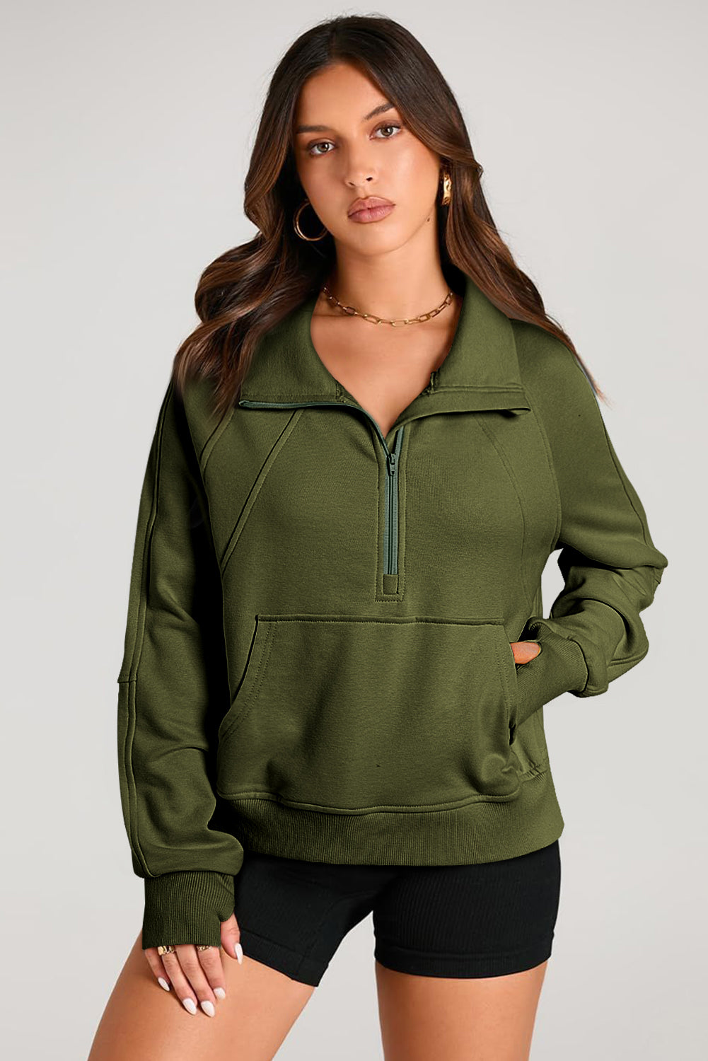 Smoke Green Quarter Zip Stand Neck Kangaroo Pocket Sweatshirt by Wild and Free Boutique