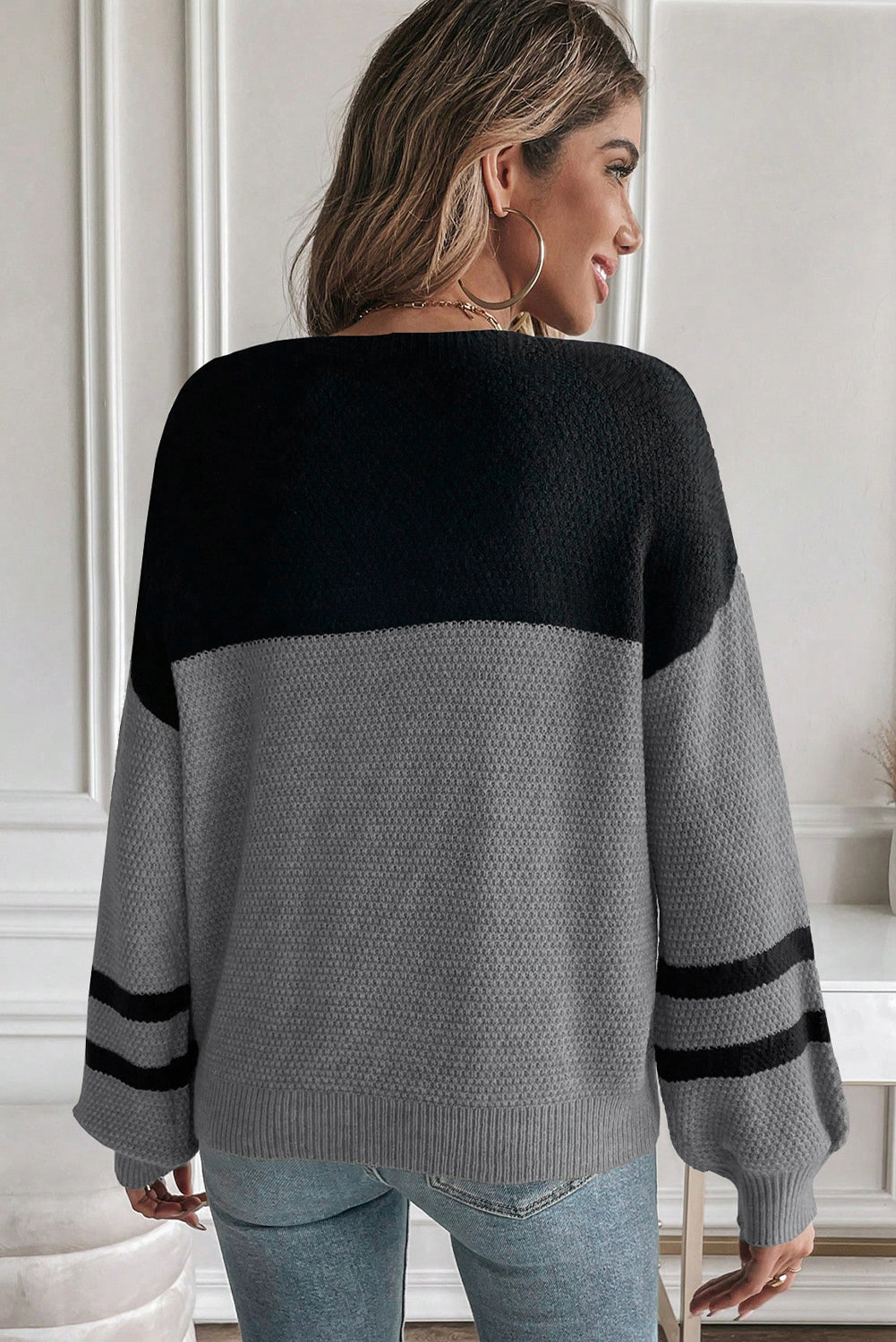 Dark Brown Color Block Knit Striped Sleeve Detail Casual Sweater by Wild and Free Boutique