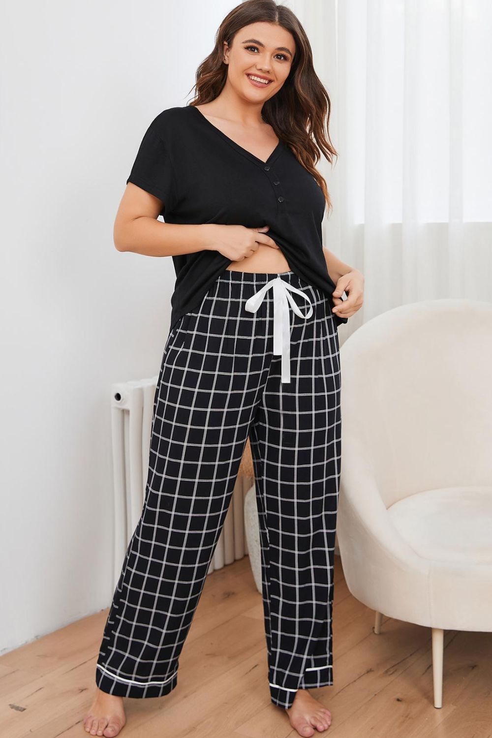 Plus Size V-Neck Top and Plaid Pants Lounge Set by Wild and Free Boutique