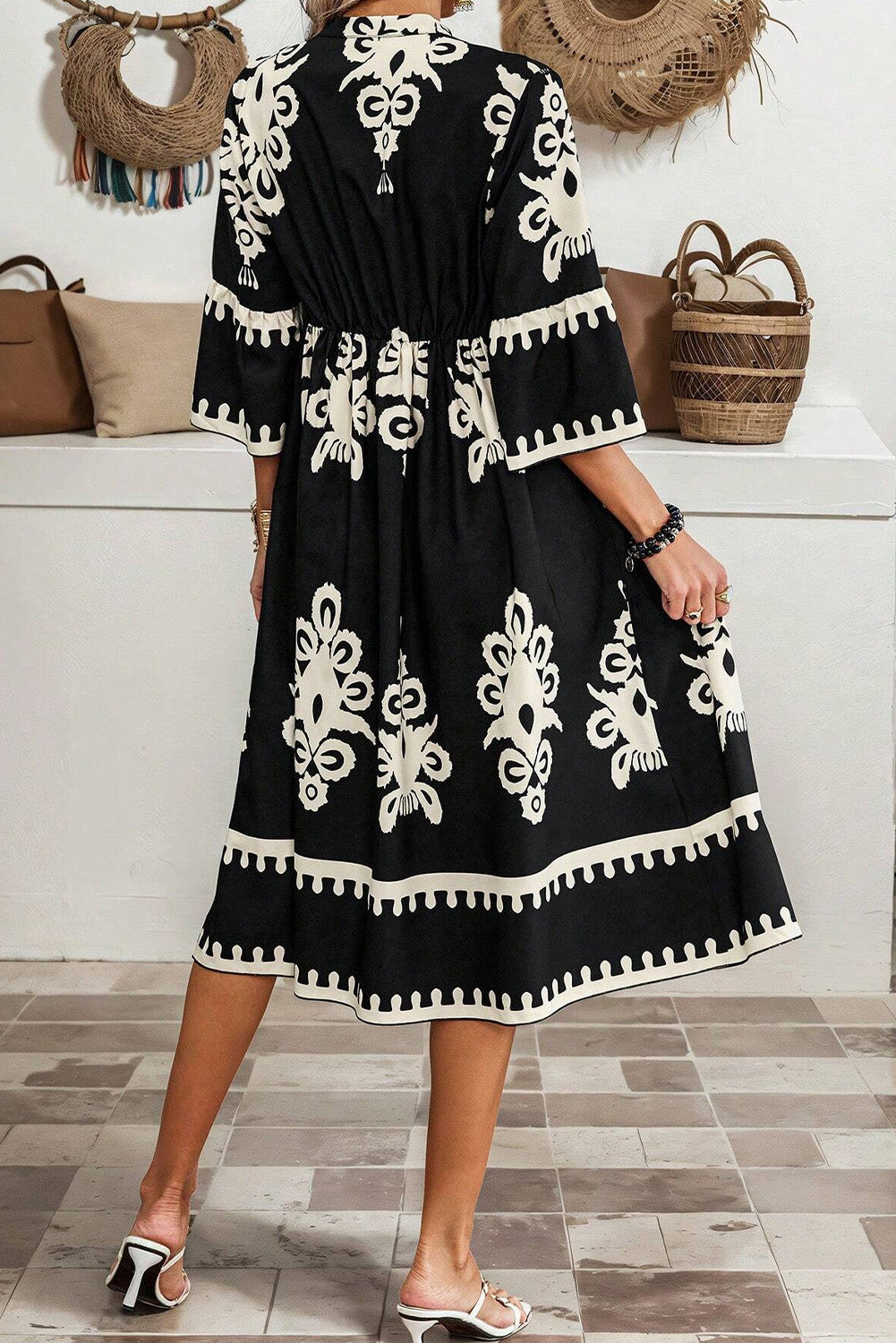 Black Western Geometric Print 3/4 Sleeve Loose Midi Dress by Wild and Free Boutique