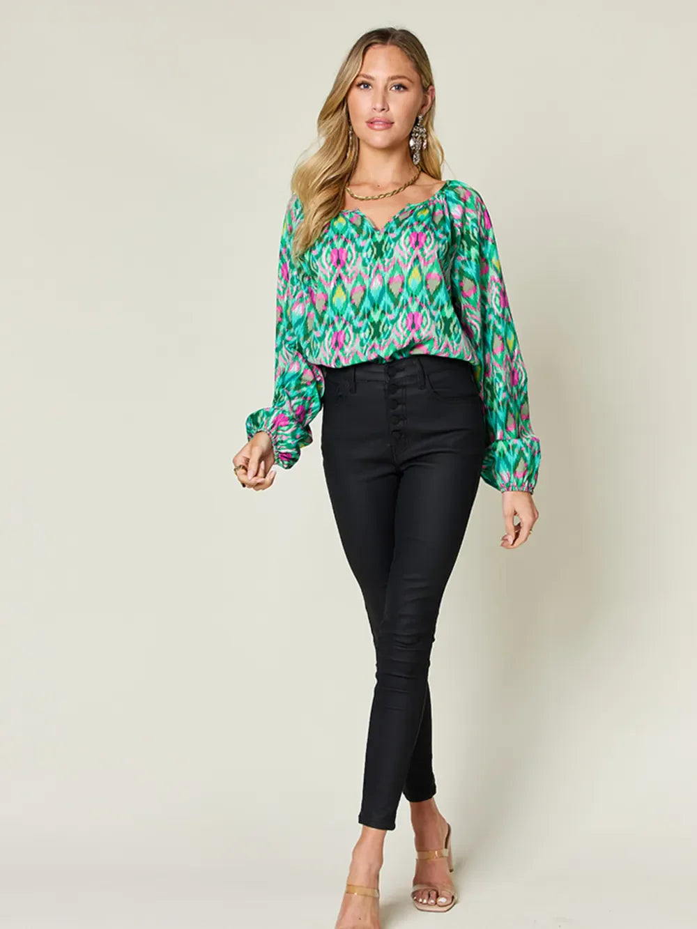 Double Take Full Size Printed Balloon Sleeve Blouse by Wild and Free Boutique