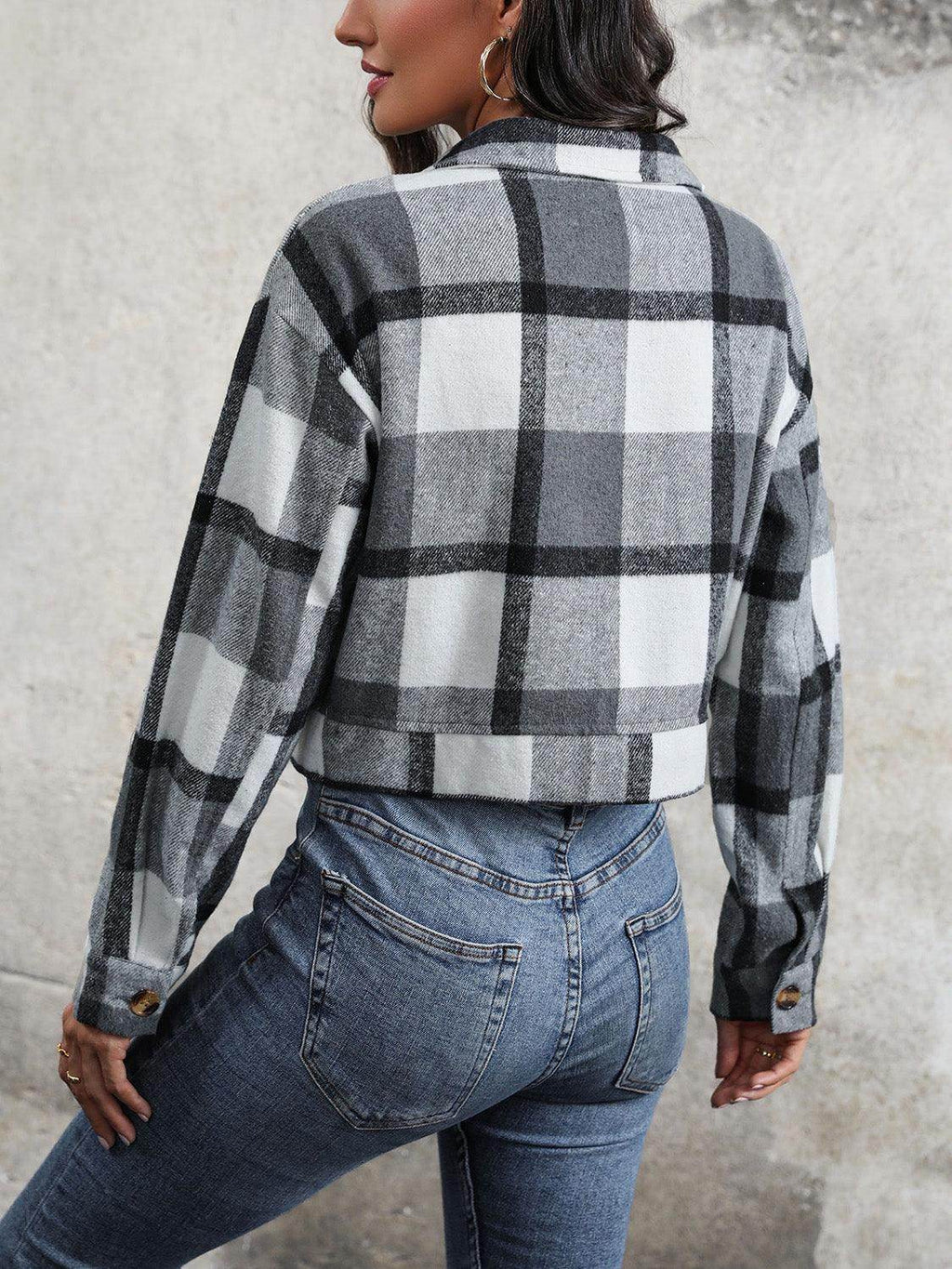 Perfee Plaid Button Up Drop Shoulder Cropped Jacket for Women by Selvanelle