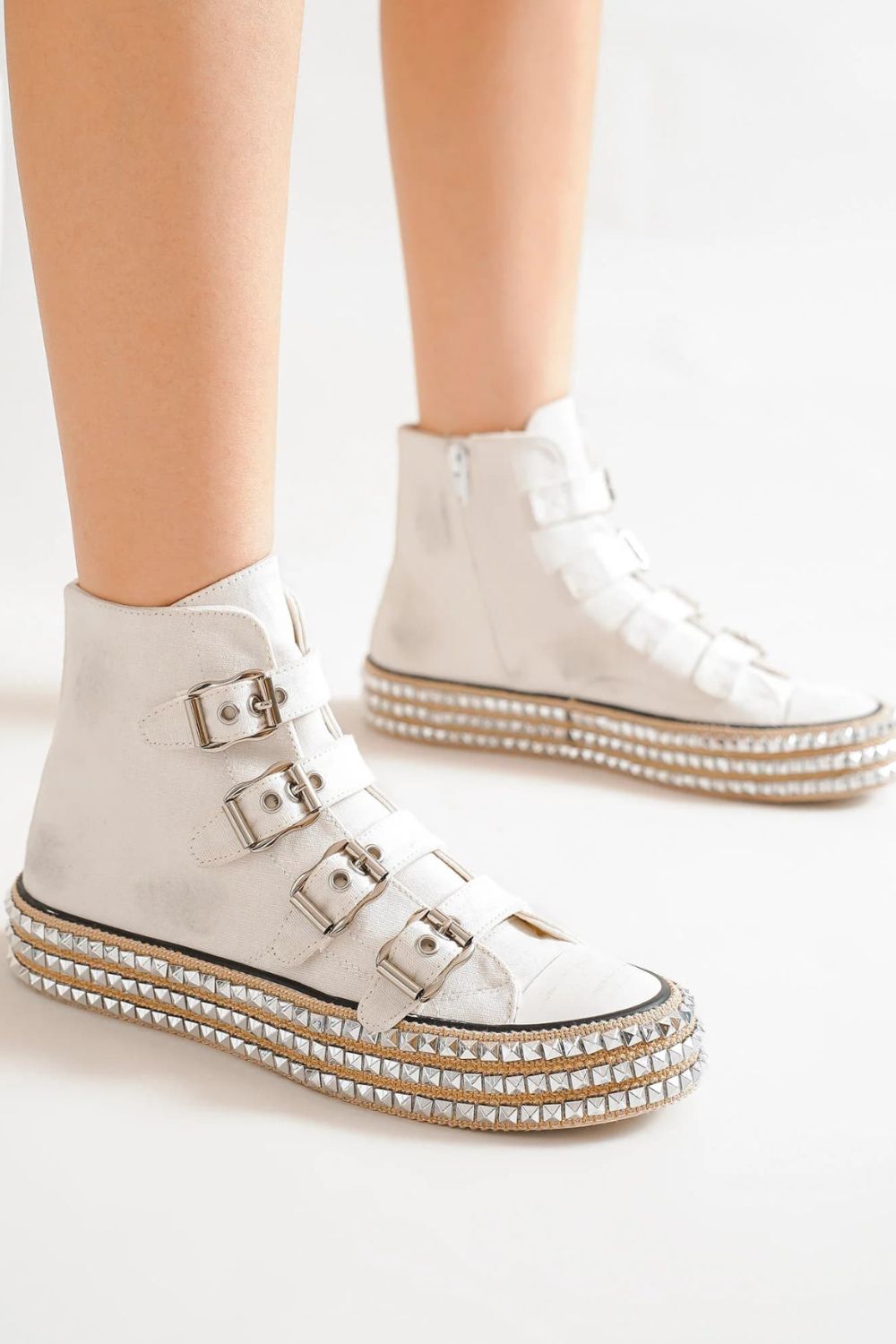 Beast Fashion Multi-Buckle Straps Studded Platform Sneakers by Wild and Free Boutique