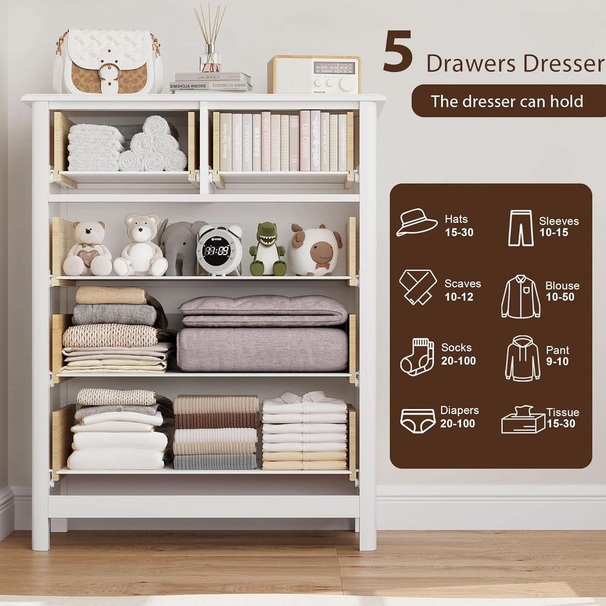 White Five Drawer Dresser For Bedroom Organization by ShipItFurniture