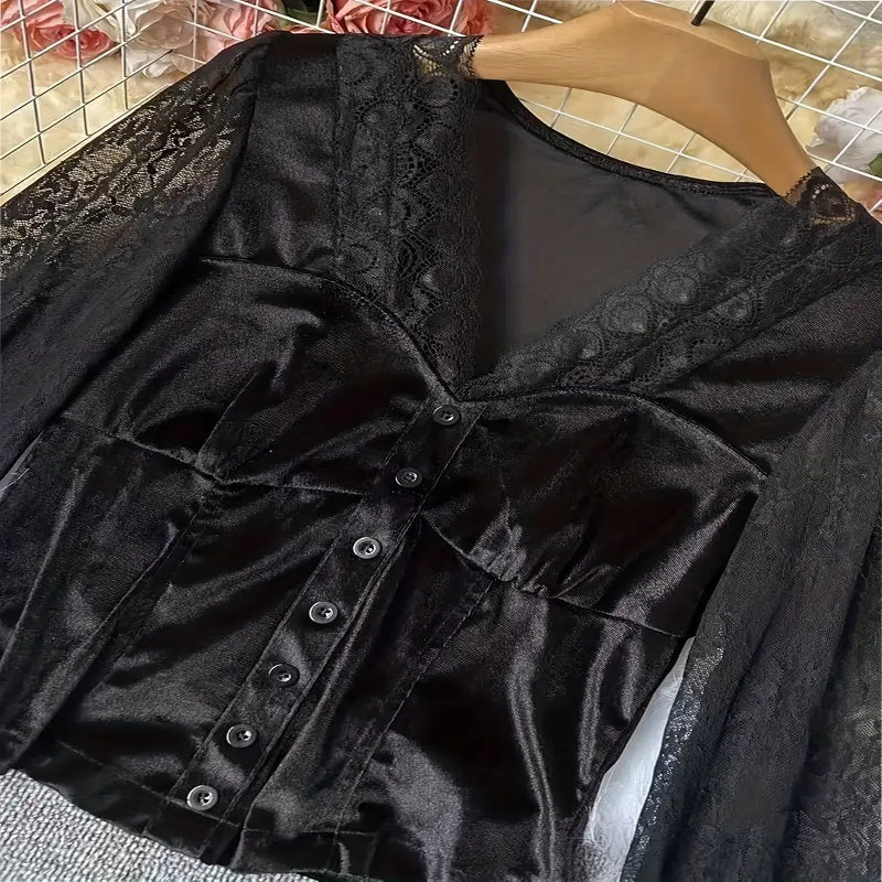 Women's Velvet & Lace Trim Top V-Neck Long Sleeve Blouse by FitiqueFit