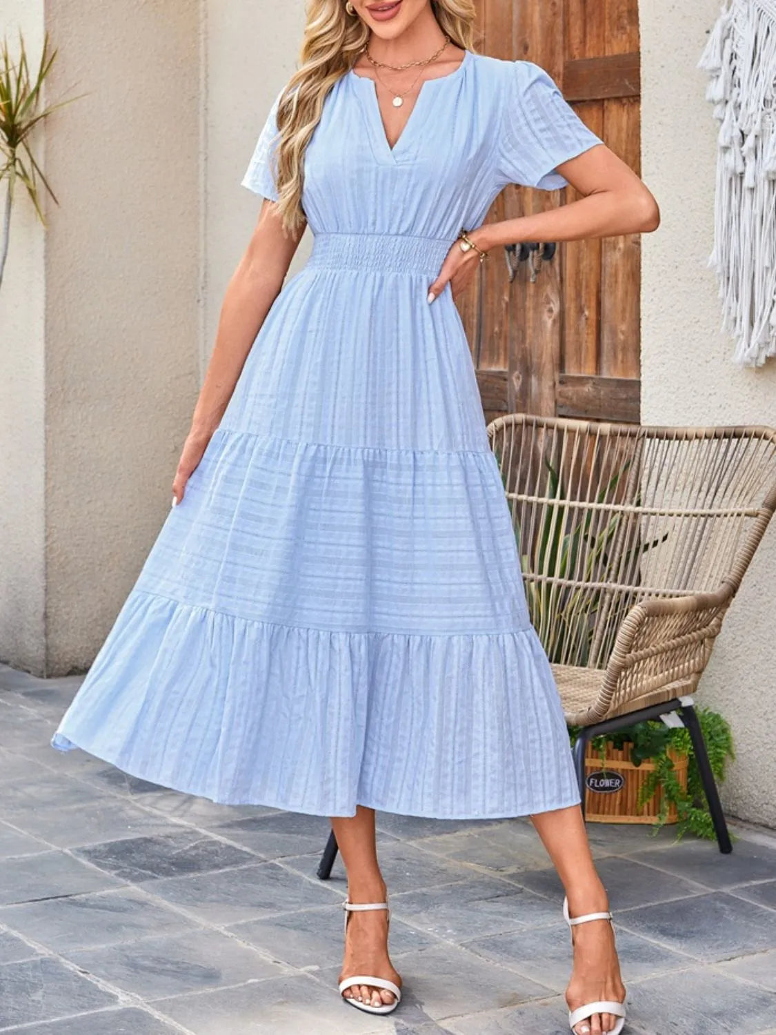 Tiered Notched Short Sleeve Dress by Shopiebay