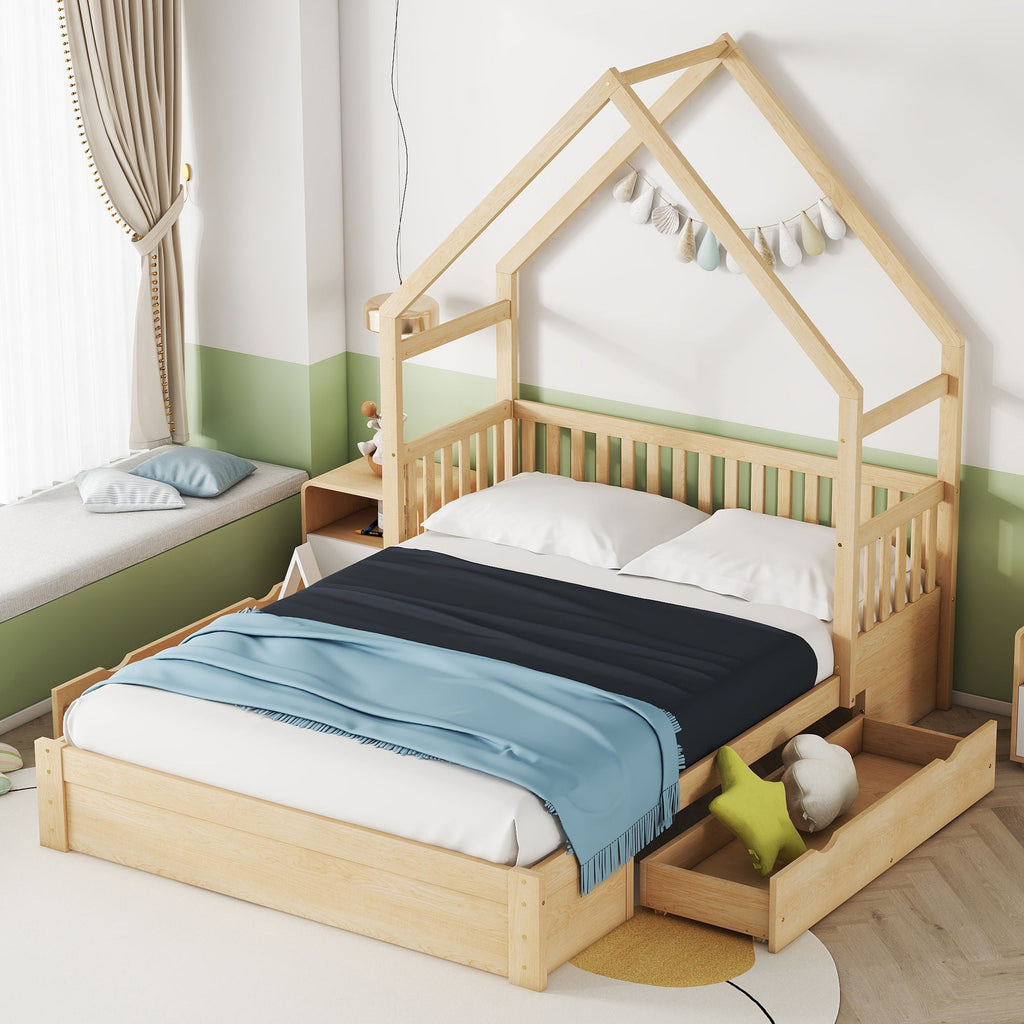 House Style Platform Bed With Guardrail And 2 Drawers by Unique Piece Furniture