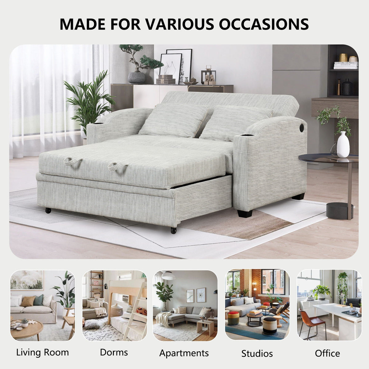 Pull Out Loveseat Sofa With Adjsutable Backrest, 2 Pillows, Cup Holders, USB Ports For Living Room by Unique Piece Furniture