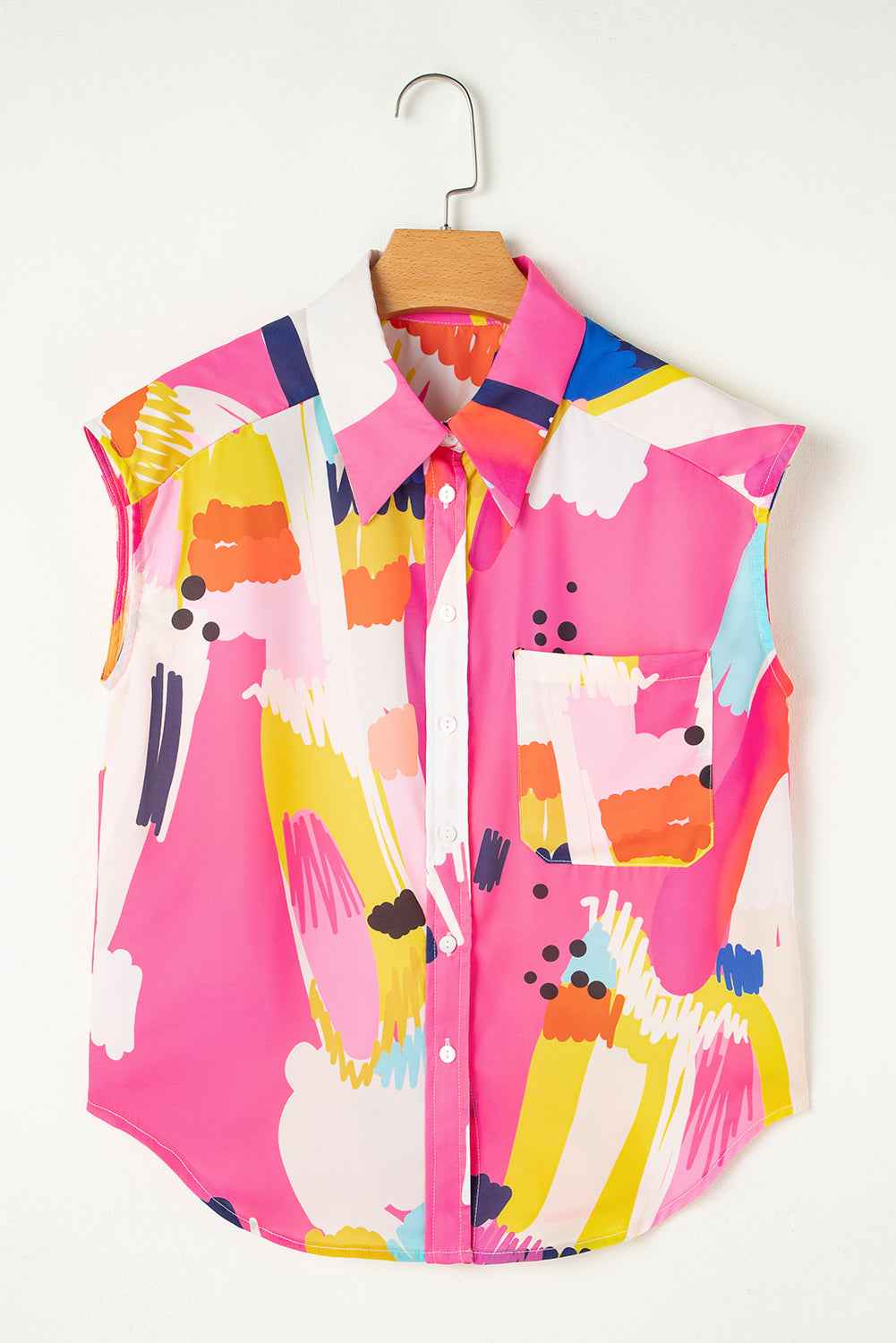 Multicolour Abstract Print Collared Cap Sleeve Casual Shirt by Wild and Free Boutique