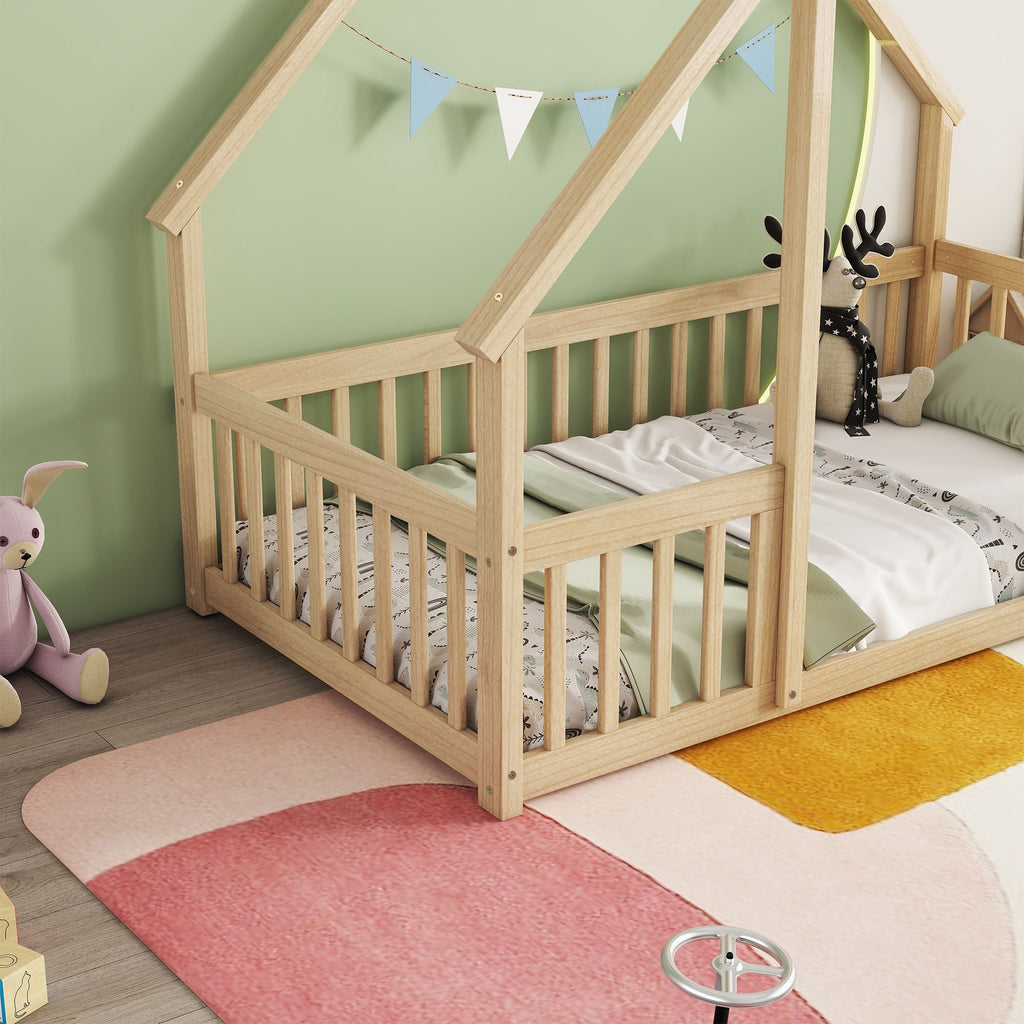 Wood House-Shaped Floor Bed With Fence, Guardrails by Unique Piece Furniture