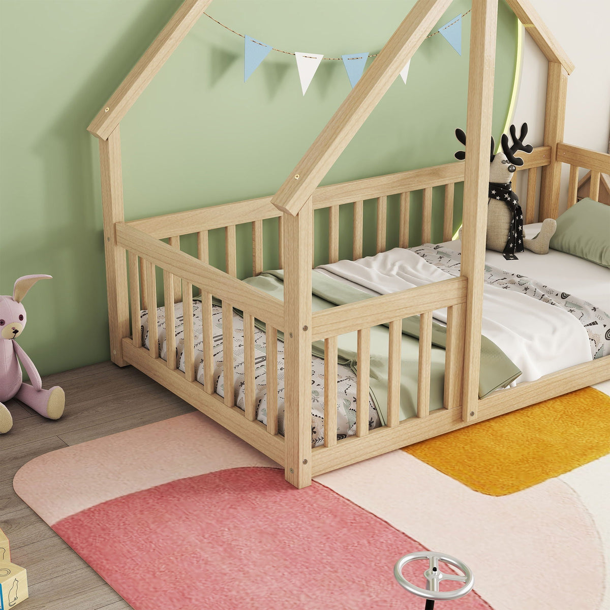 Wood House-Shaped Floor Bed With Fence, Guardrails by Unique Piece Furniture