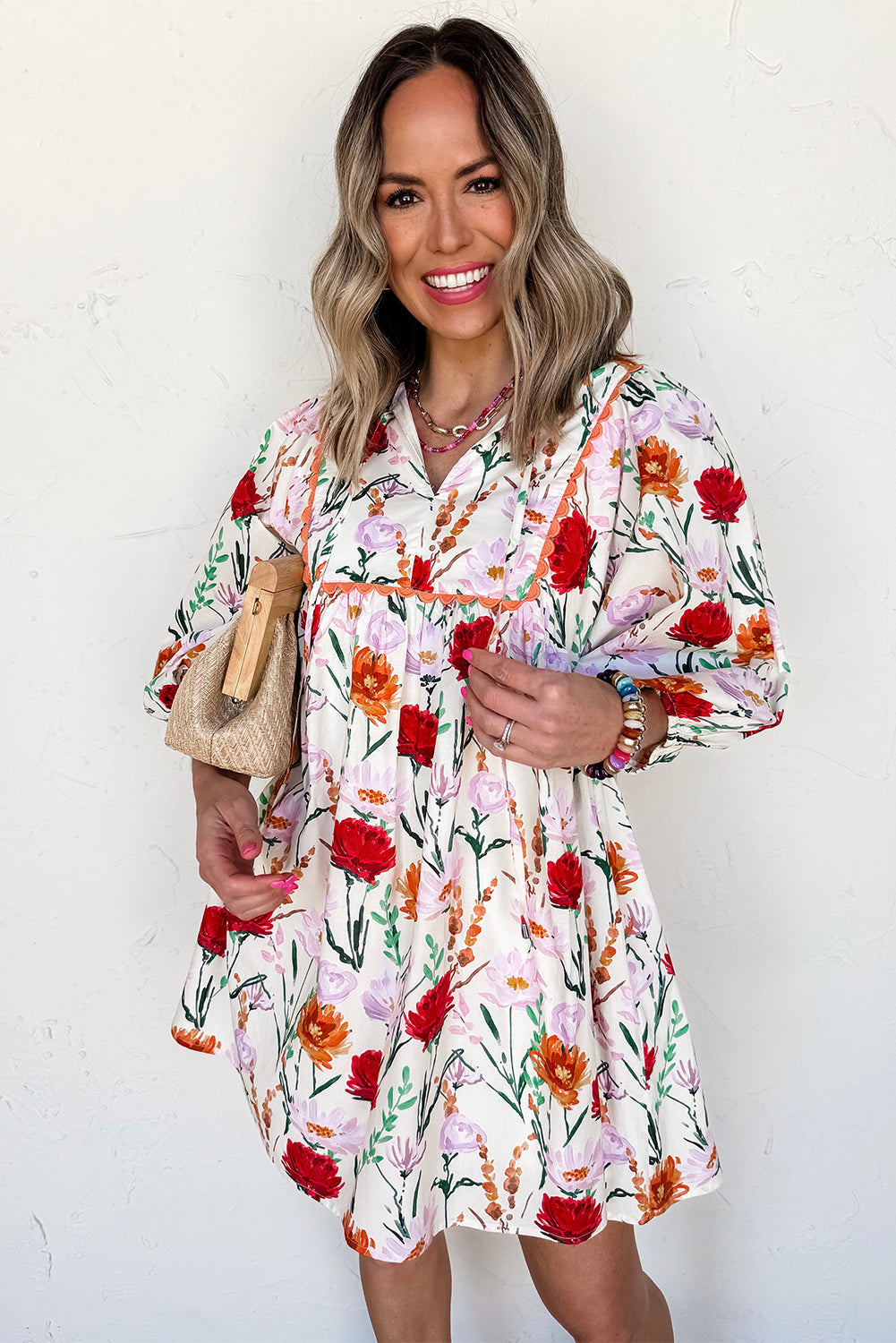 Beige Floral Print 3/4 Puff Sleeve Ricrac Trim Mini Dress by Wild and Free Boutique