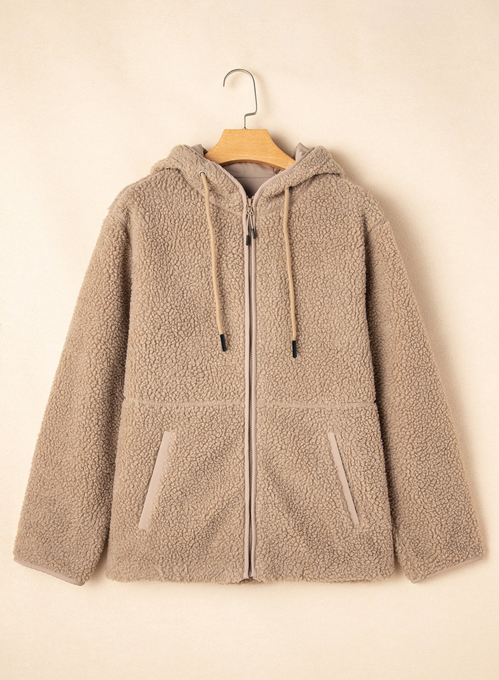 Pale Khaki Fleece Zip Up Drawstring Hooded Pocketed Jacket by Wild and Free Boutique