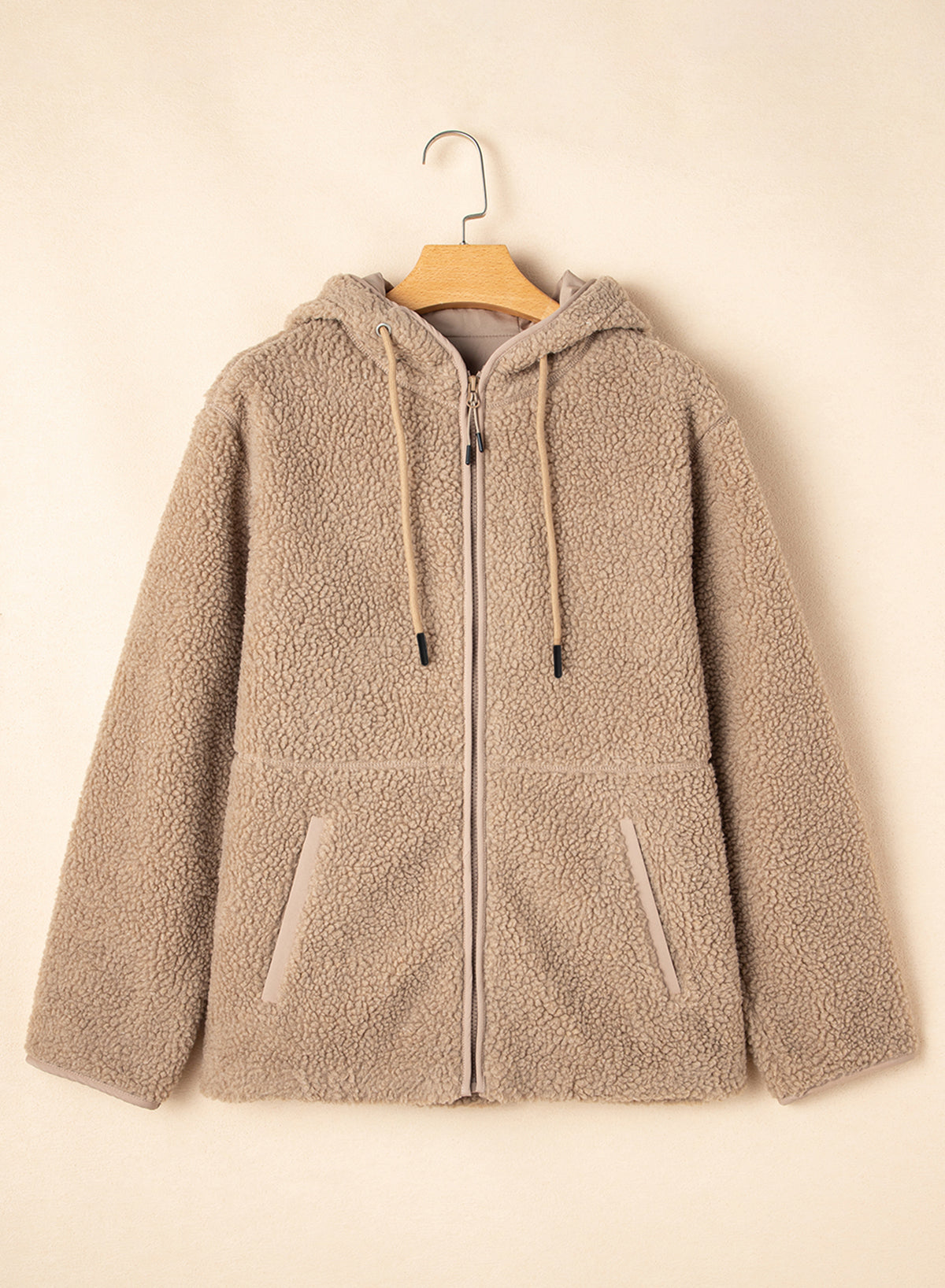 Pale Khaki Fleece Zip Up Drawstring Hooded Pocketed Jacket by Wild and Free Boutique