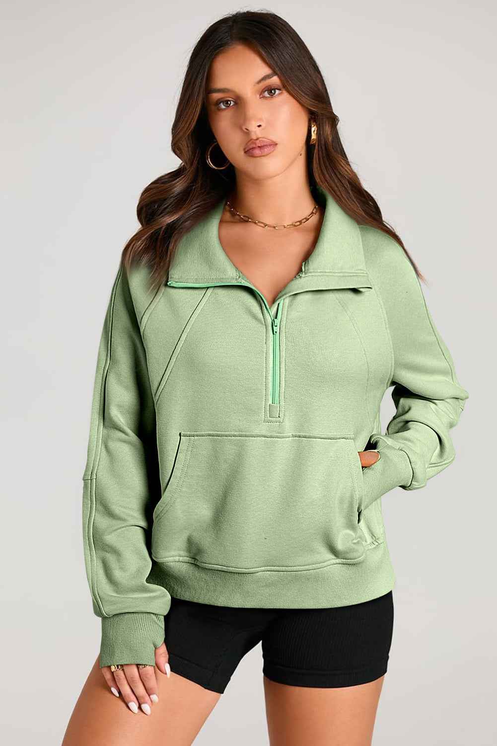 Smoke Green Quarter Zip Stand Neck Kangaroo Pocket Sweatshirt by Wild and Free Boutique