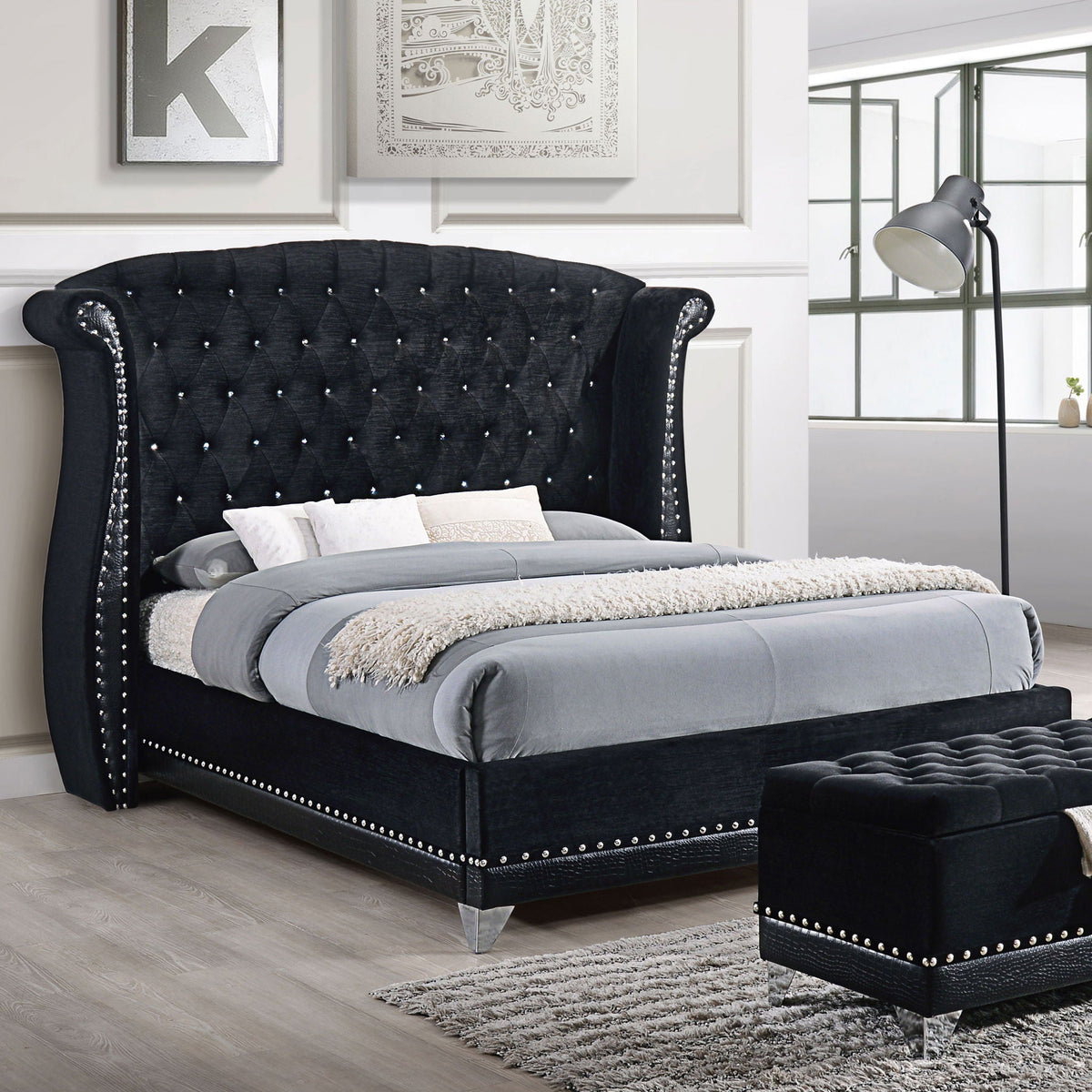 Barzini Upholstered Eastern King Wingback Bed Black by Unique Piece Furniture