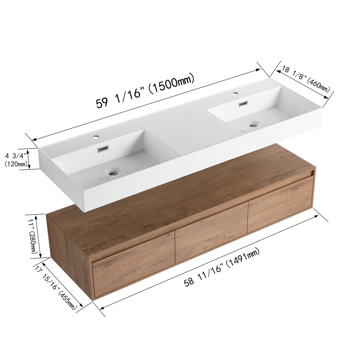 Contemporary Wall Mounted Bathroom Vanity With Dual Resin Sink And Soft Close Drawer by Unique Piece Furniture
