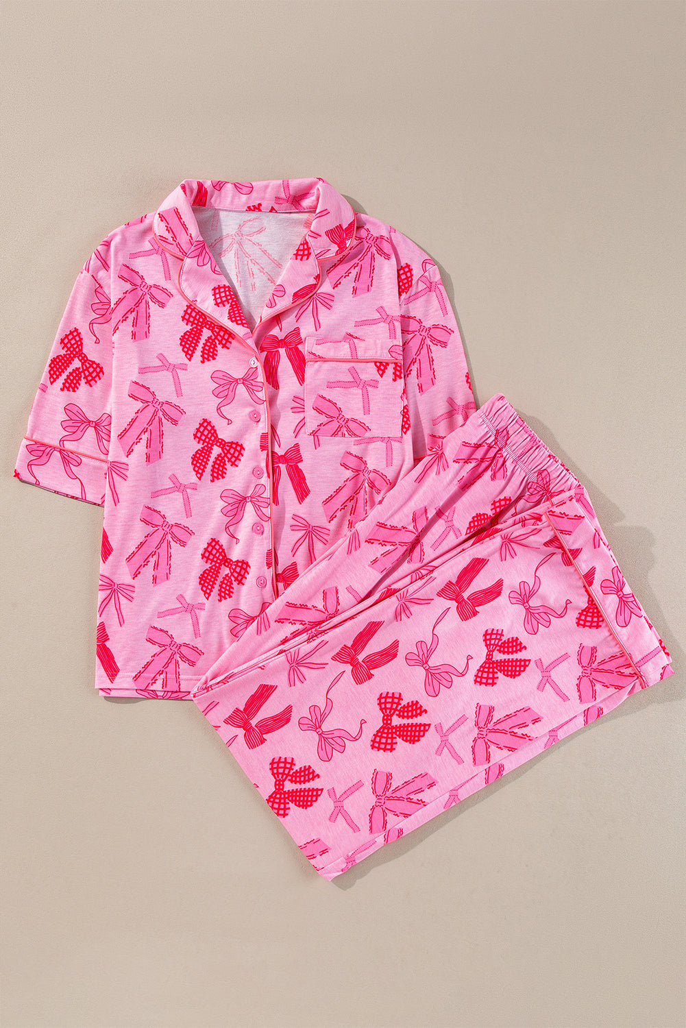 Pink Bow Knot Print Lapel Collar Short Sleeve and Pants Pajamas Set by Dear-Lover Dropshipping