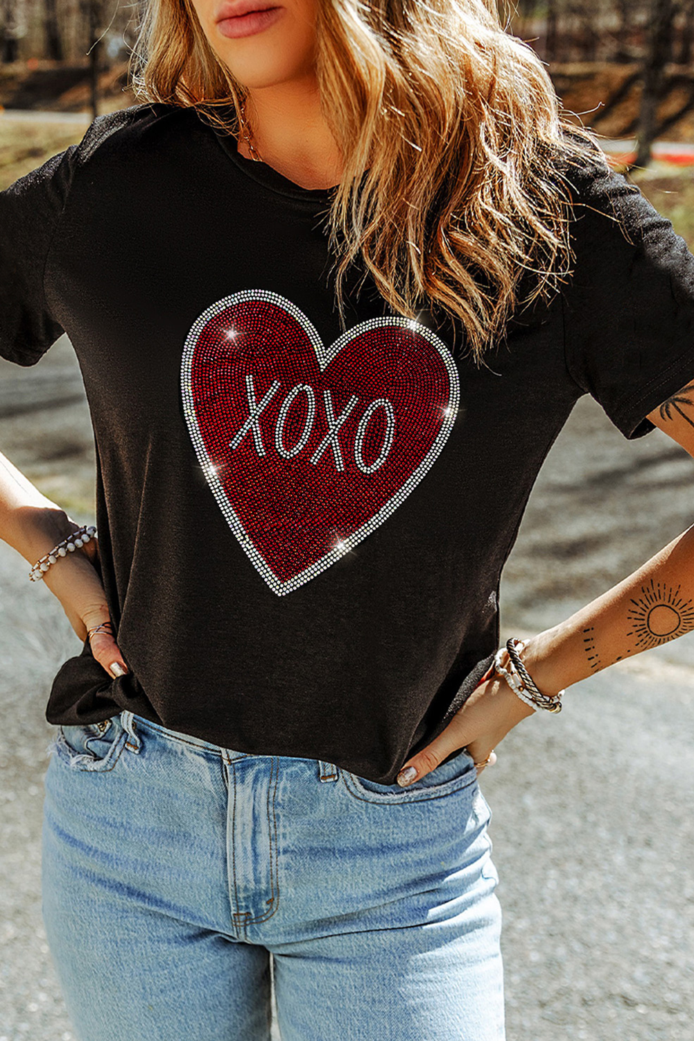 Black Rhinestone XOXO Heart Graphic Crewneck Tee by Dear-Lover Dropshipping