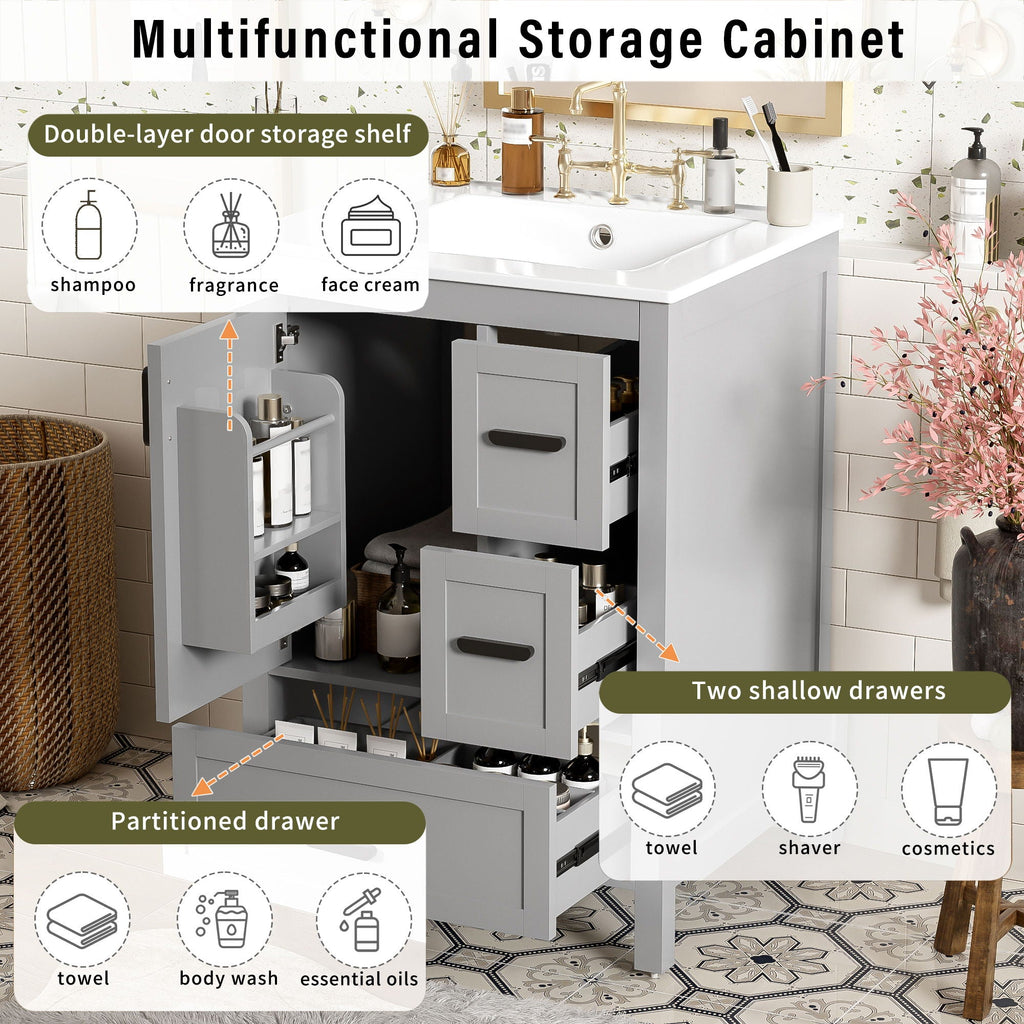 Bathroom Vanity With Sink, Soft Close Door, Double Layer Door Shelf And 3 Drawers - Gray by Unique Piece Furniture